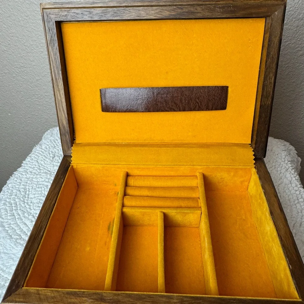Vintage Wood Jewelry Box Brown Faux Leather Studded Valet Organizer MCM